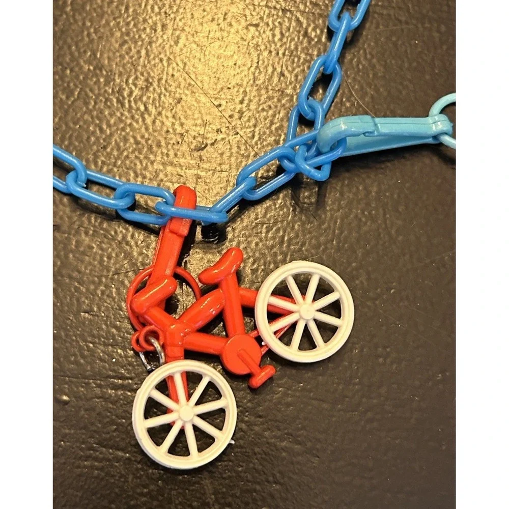Vintage 80s Plastic Clip On Bell Charm Necklace 3 Charms Blue Chain‎ READ